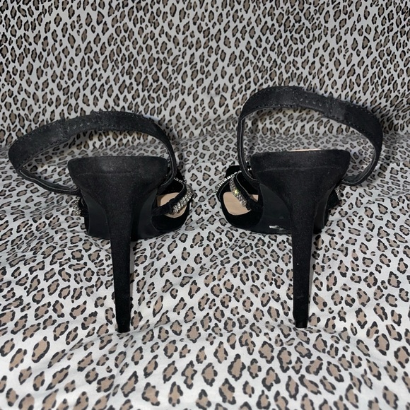 Bebe Black High Heel Suede Sandal Open Toe Bejeweled Rhinestone Bling Strap NWOT - Picture 10 of 12